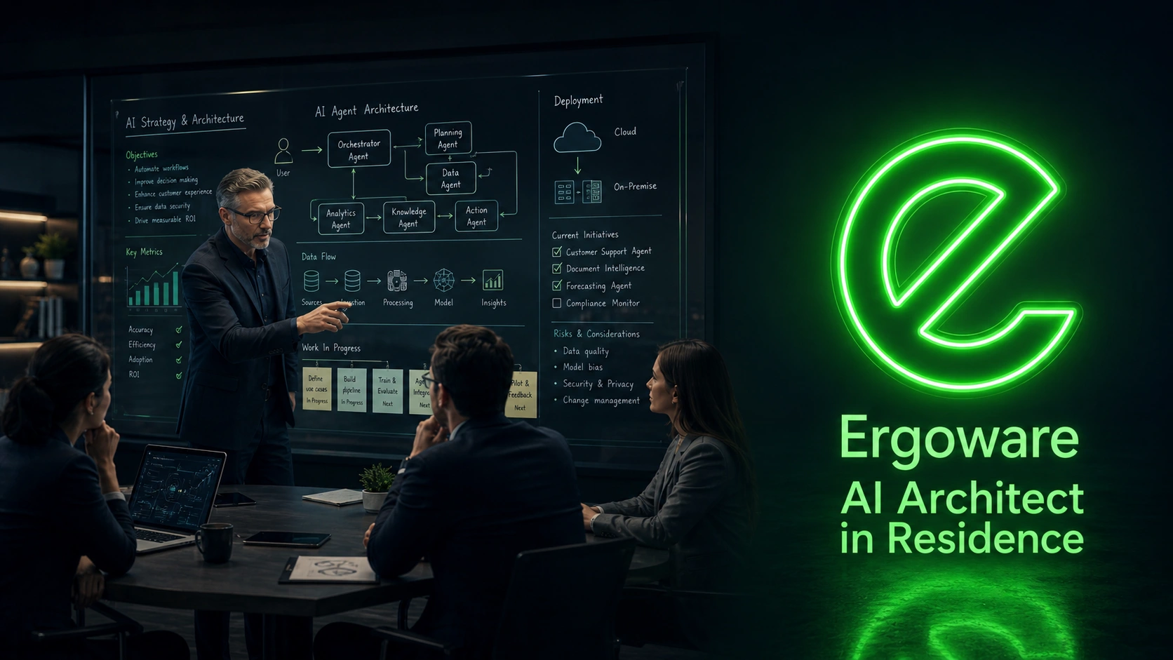 Team aziendale con AI Architect al lavoro davanti a una lavagna digitale con roadmap, flussi e componenti di un progetto AI, con logo luminoso Ergoware AIR e scritta Ergoware AI Architect in Residence