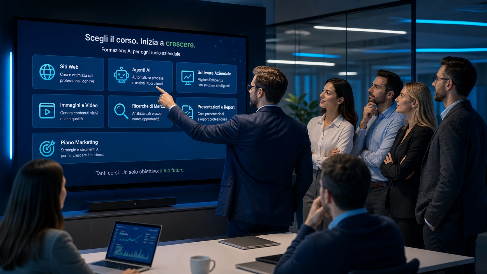 Group of employees looking at a large screen with AI training courses while one person points to the course to select